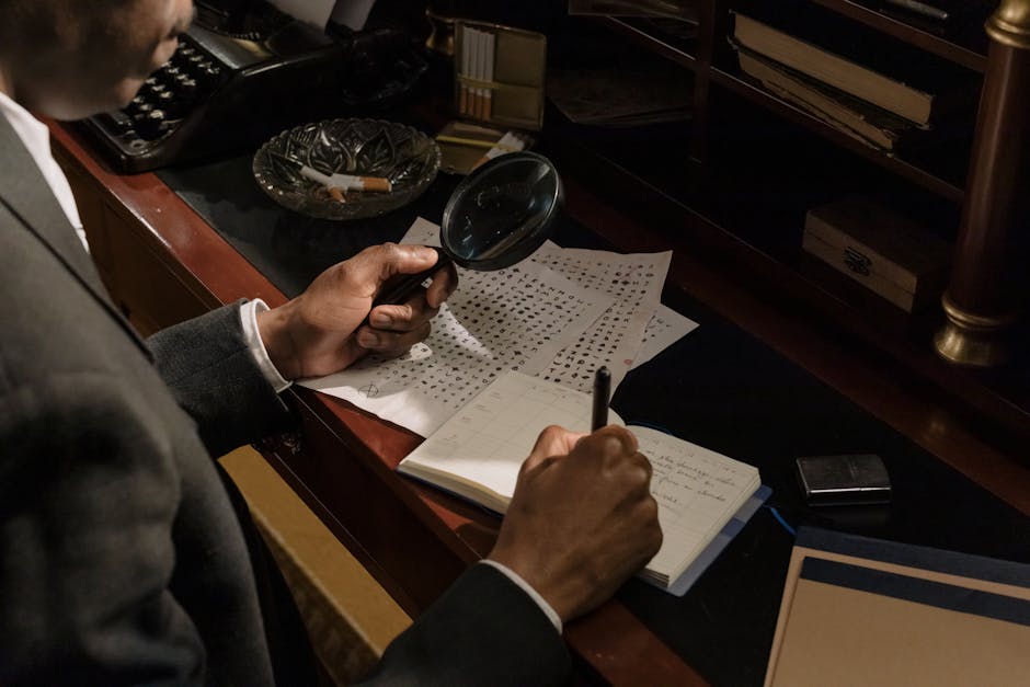 Detective using magnifying glass to analyze cryptic documents in vintage office setting.